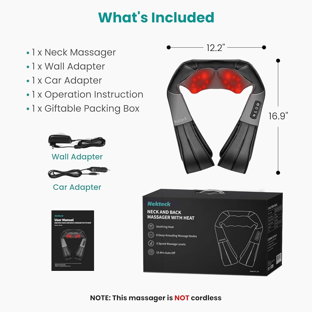 Nekteck Shiatsu Neck and Back Massager with Soothing Heat, Electric Deep Tissue 3D Kneading Massage Pillow for Shoulder, Leg, Body Muscle Pain Relief, Home, Office, and Car Use — image 9