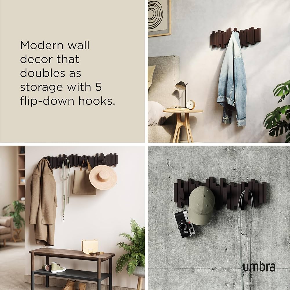 Umbra Sticks Multi Hook Coat Rack - Modern, Unique, Space-Saving Coat Hanger with 5 Flip-Down Hooks for Hanging Coats, Scarfs, Purses and More, Espresso — image 4