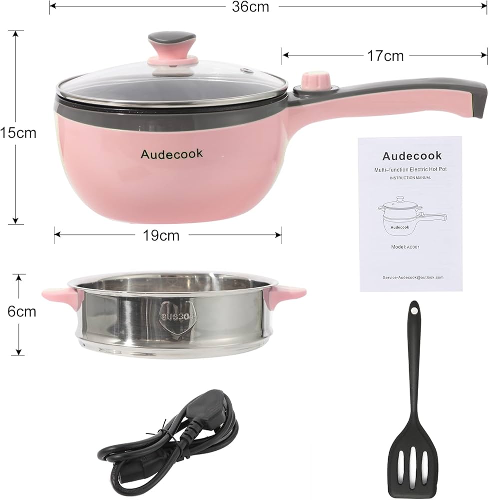 Audecook Electric Hot Pot with Steamer, 1.5L/20cm Multi-Functional Cooker Non-Stick Frying Pan Portable Electric Skillet for Dorm Office for Ramen, Steak, Sauté and Steam (C(pink/1.5L with steamer)) — image 6