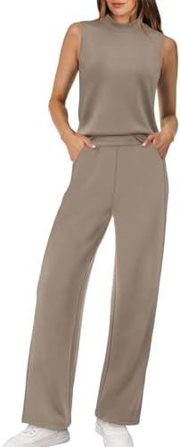 XIEERDUO Two Piece Sets for Women Summer Outfits Travel Mock Neck Lounge Sets Wide Leg Pants Beach Vacation Clothes — image 3